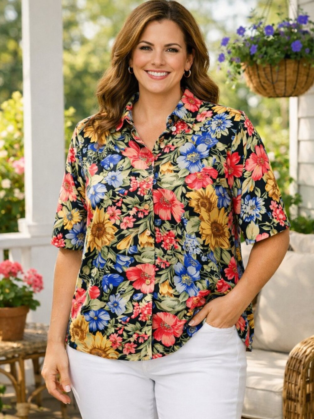 Vintage 90s Kathie Lee Floral Button-Down Blouse Plus Size Short Sleeve Tunic XL
